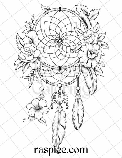 30 Flower Dreamcatcher Grayscale Coloring Pages Printable for Adults, PDF File Instant Download