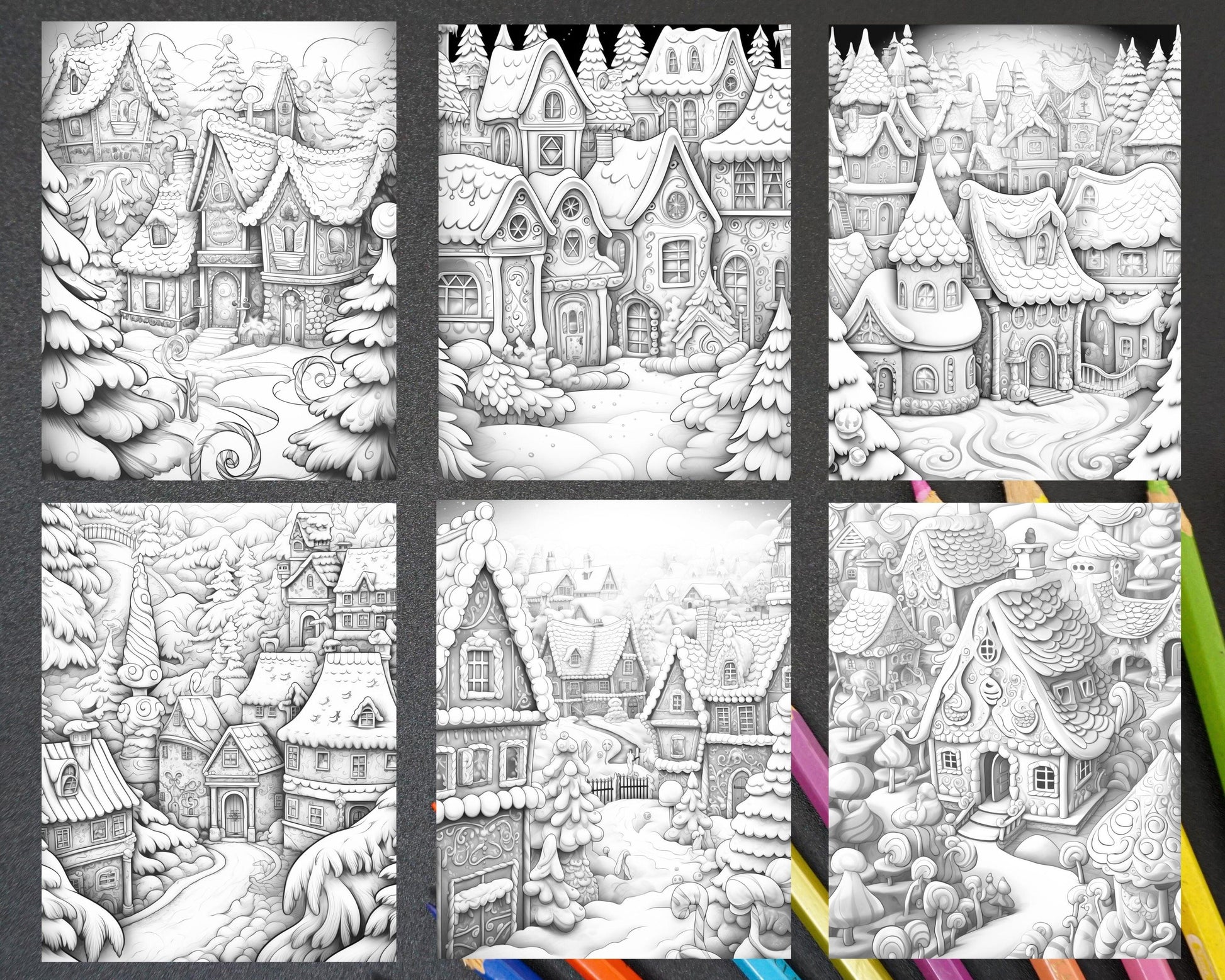 40 Gingerbread Village Grayscale Coloring Pages for Adults, Printable PDF Instant Download