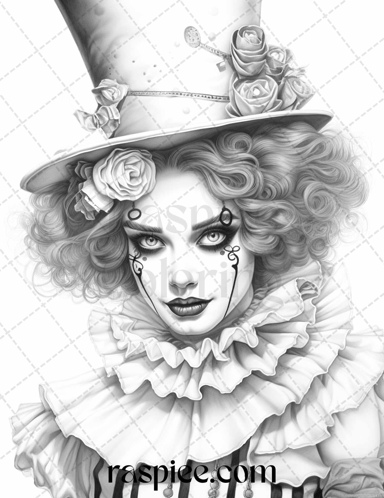 42 Beautiful Clown Girls Grayscale Coloring Pages Printable for Adults, PDF File Instant Download