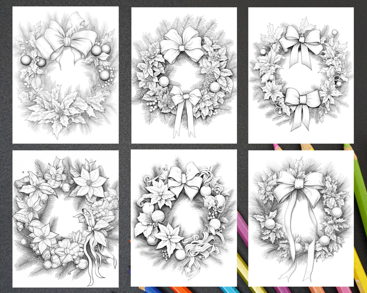 40 Christmas Wreath Grayscale Coloring Pages Printable for Adults, PDF File Instant Download