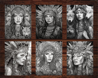 30 Native American Girls Printable Coloring Pages for Adult, Native American Culture Grayscale Coloring Book, Printable PDF File Download