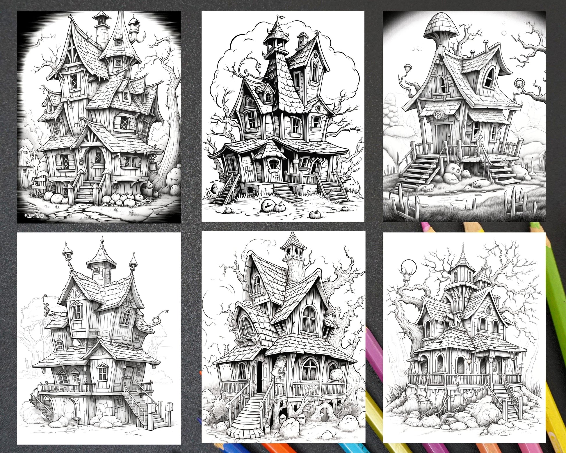 32 Spooky Houses Coloring Pages Printable for Adults, Grayscale Coloring Page, PDF File Instant Download