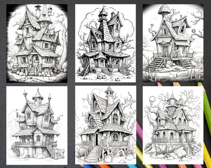 32 Spooky Houses Coloring Pages Printable for Adults, Grayscale Coloring Page, PDF File Instant Download