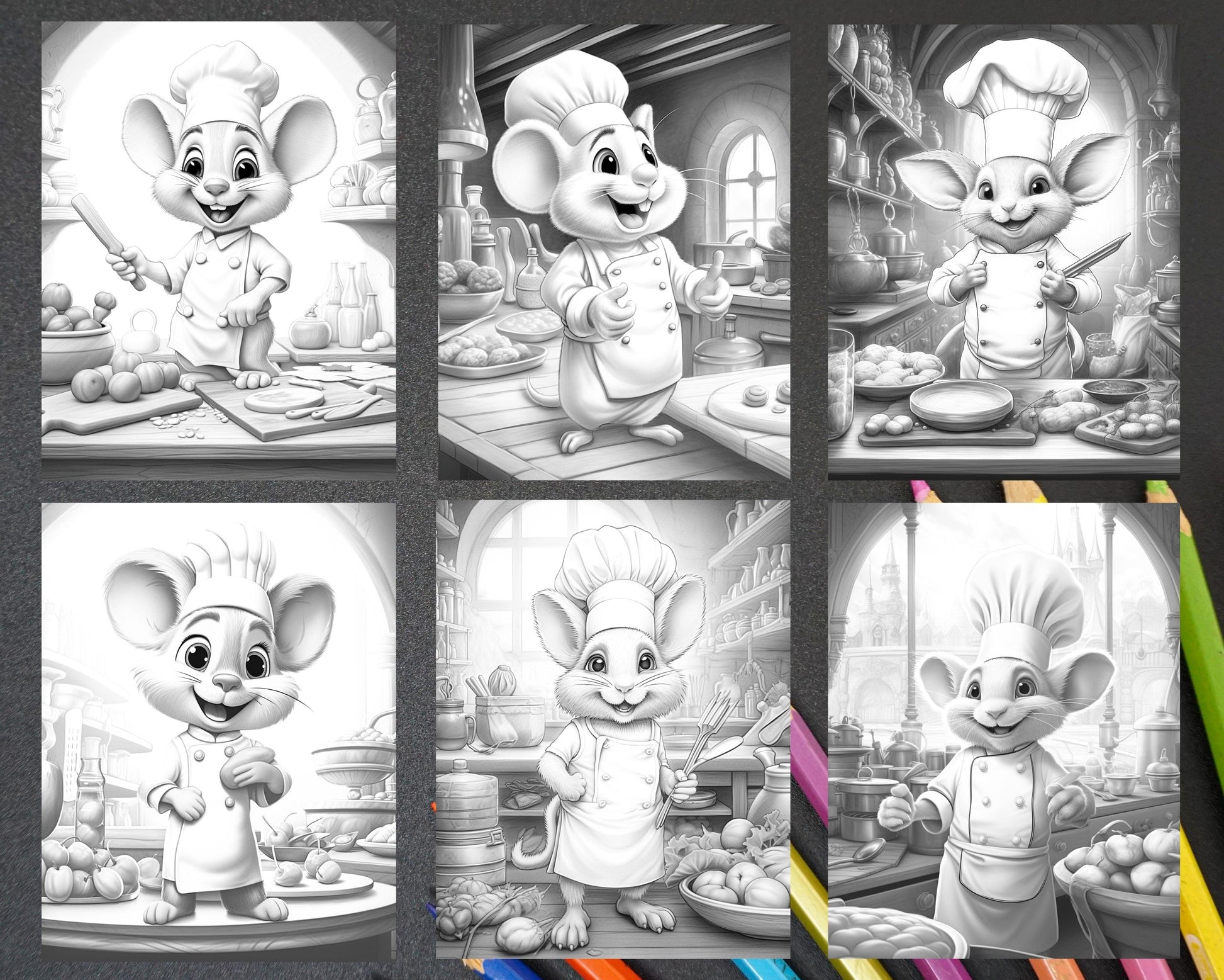 45 Mouse Chef Grayscale Coloring Pages Printable for Adults, PDF File Instant Download