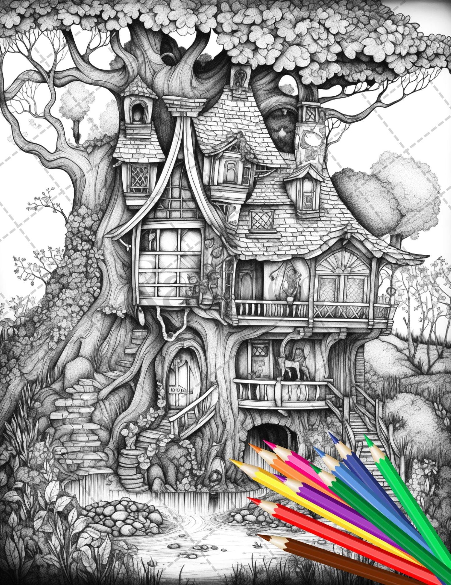 30 Fantasy Fairy Houses Coloring Page Book, Printable Adult Coloring Pages, Enchanted Fairy Home Grayscale Coloring Book, Printable PDF File