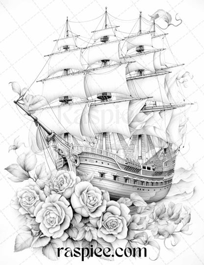 44 Flower Ships Graysale Coloring Pages Printable for Adults, PDF File Instant Download