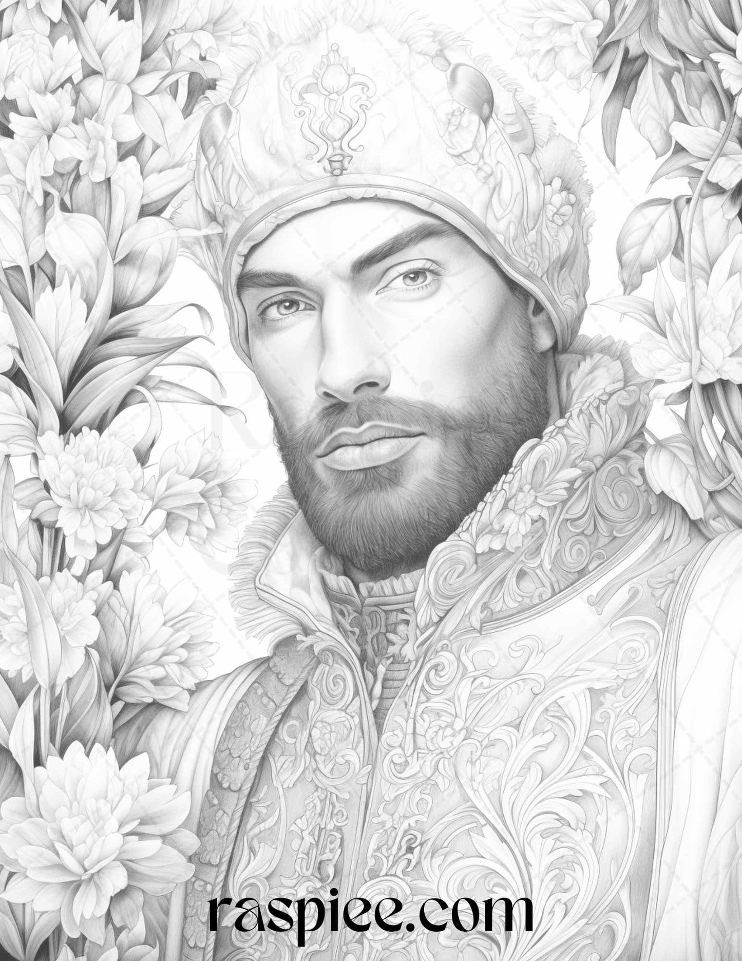 50 Baroque Man Portrait Grayscale Graysale Coloring Pages Printable for Adults, PDF File Instant Download