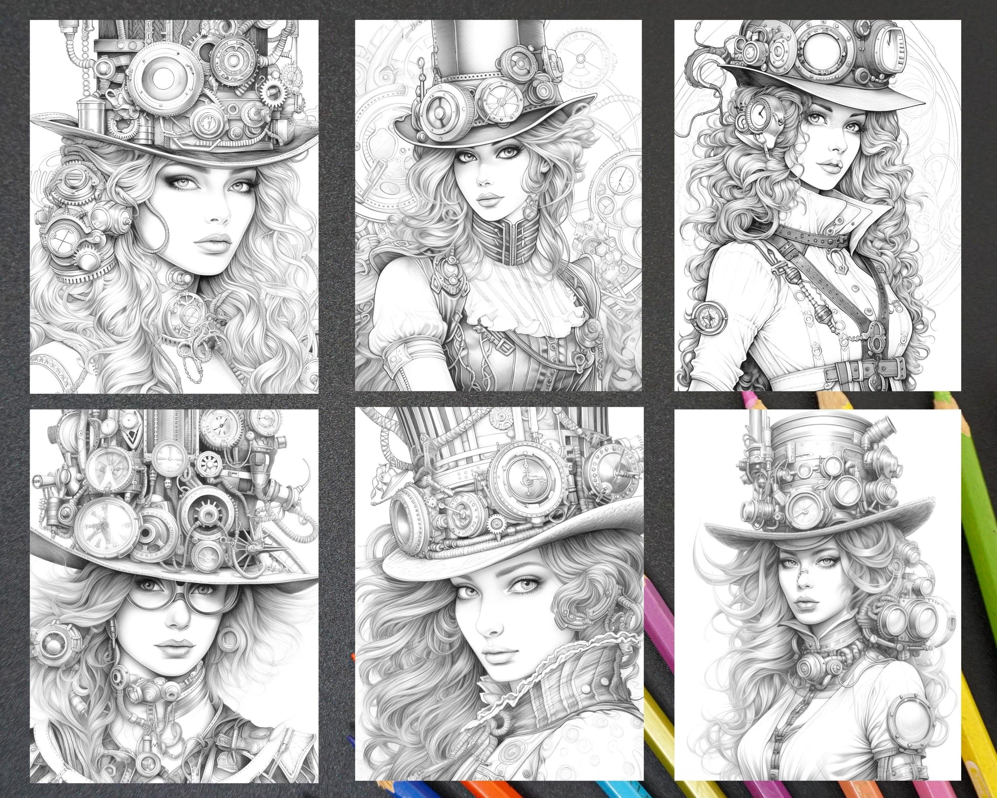 40 Steampunk Ladies Grayscale Coloring Pages Printable for Adults, PDF File Instant Download