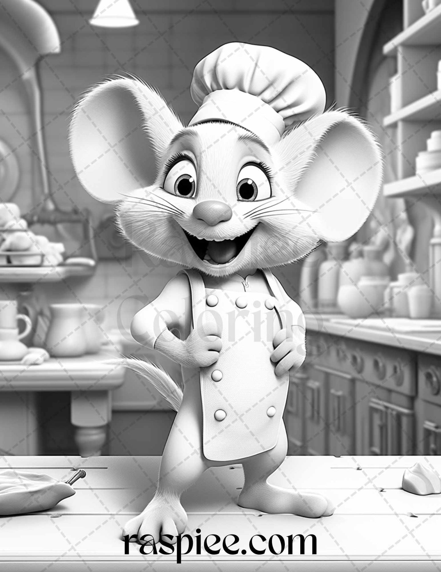 45 Mouse Chef Grayscale Coloring Pages Printable for Adults, PDF File Instant Download