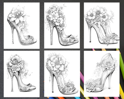 40 Flower Wedding Shoes Grayscale Coloring Pages Printable for Adults, PDF File Instant Download