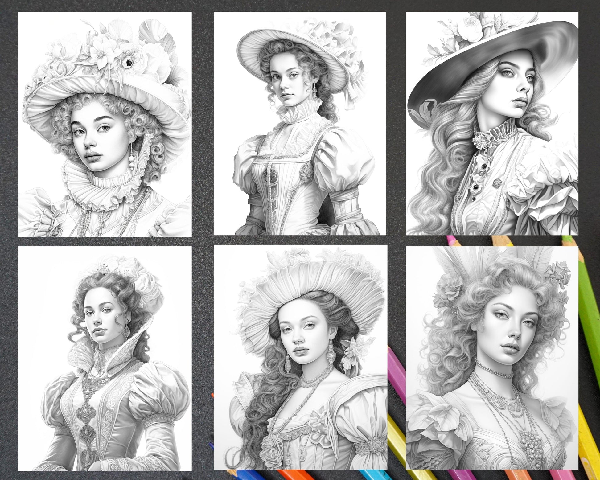 40 Baroque Women Portrait Grayscale Adult Coloring Pages Printable, PDF File Instant Download