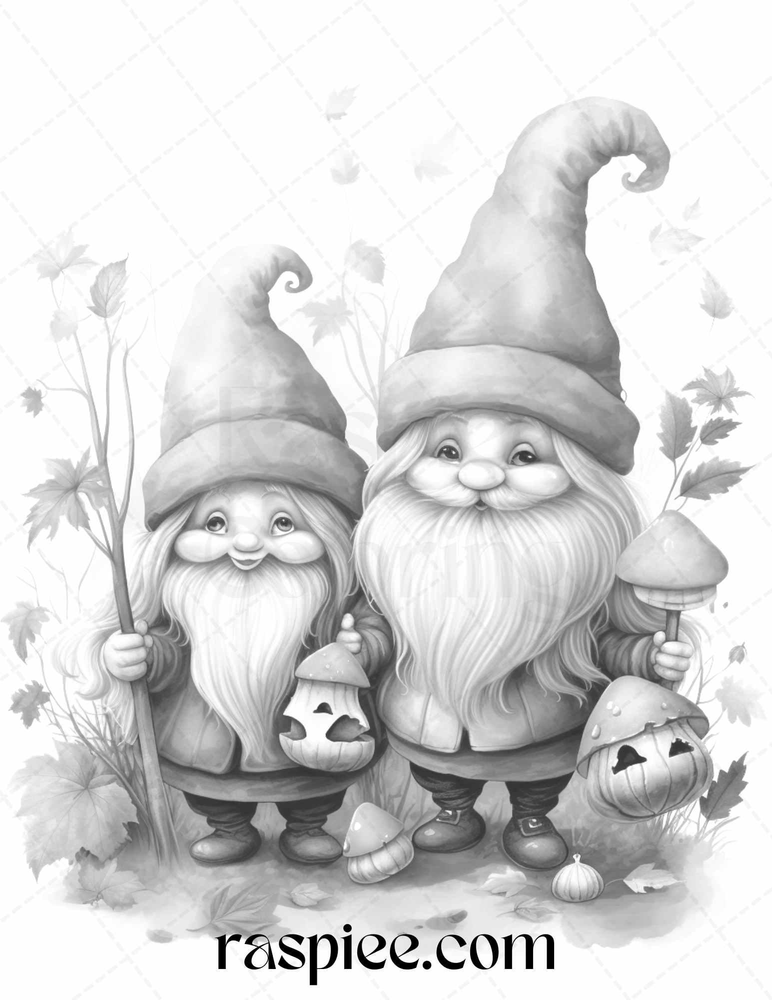 40 Fall Gnomes Grayscale Coloring Pages Printable for Adults Kids, PDF File Instant Download