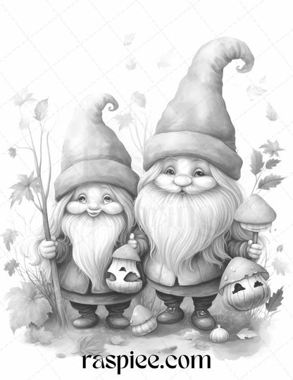 40 Fall Gnomes Grayscale Coloring Pages Printable for Adults Kids, PDF File Instant Download