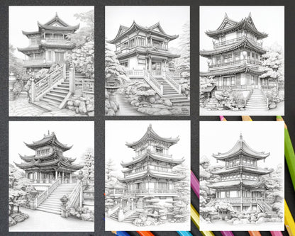 40 Traditional Chinese Houses Grayscale Coloring Pages Printable for Adults, PDF File Instant Download