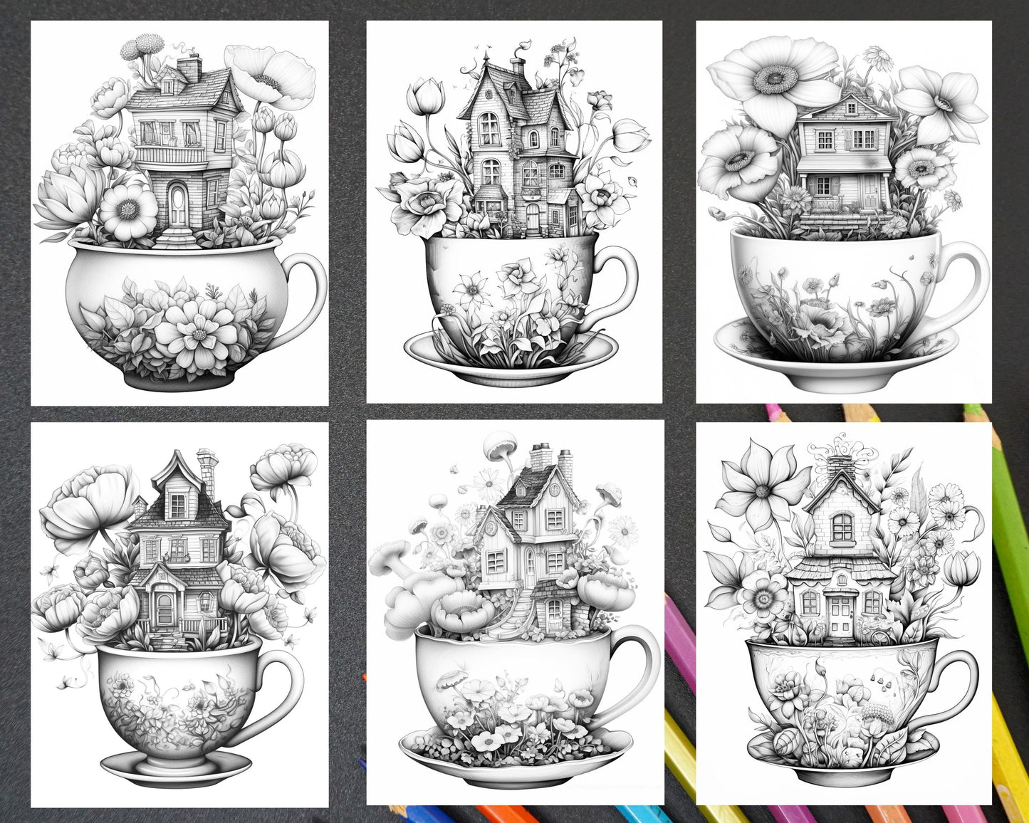 40 Flower Teacup Fairy Houses Grayscale Coloring Pages Printable for Adults, PDF File Instant Download