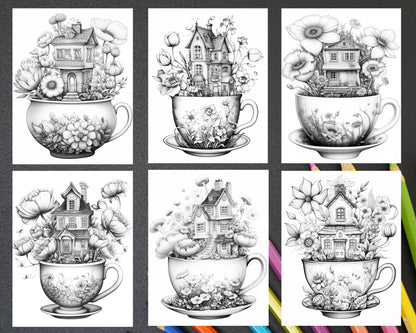 40 Flower Teacup Fairy Houses Grayscale Coloring Pages Printable for Adults, PDF File Instant Download