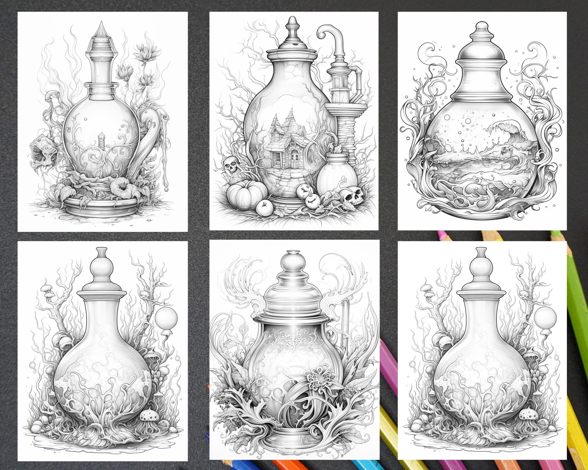 40 Mystical Magic Potions Grayscale Coloring Pages Printable for Adults, PDF File Instant Download