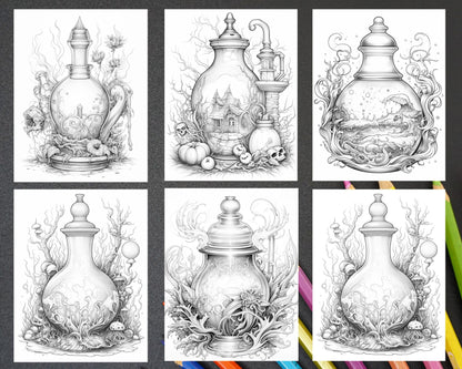 40 Mystical Magic Potions Grayscale Coloring Pages Printable for Adults, PDF File Instant Download