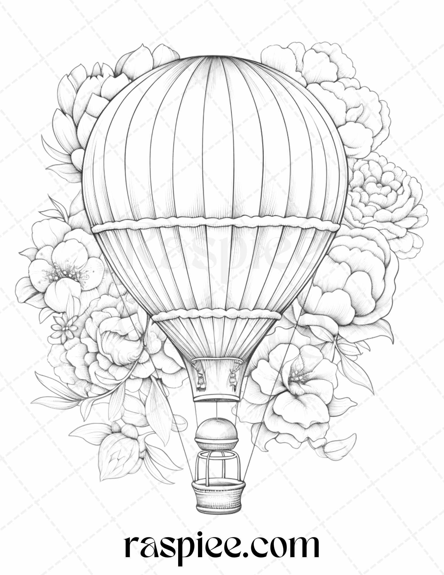 42 Flower Hot Air Balloons Grayscale Coloring Pages Printable for Adults, PDF File Instant Download