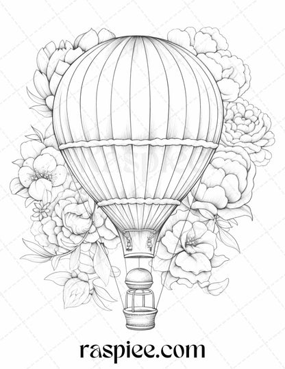 42 Flower Hot Air Balloons Grayscale Coloring Pages Printable for Adults, PDF File Instant Download