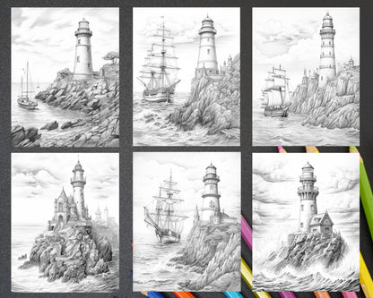 40 Majestic Lighthouses Grayscale Coloring Pages Printable for Adults, PDF File Instant Download