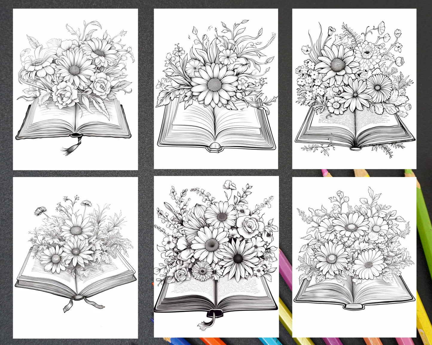 31 Book Flowers Coloring Pages Printable for Adults, Grayscale Coloring Page, PDF File Instant Download