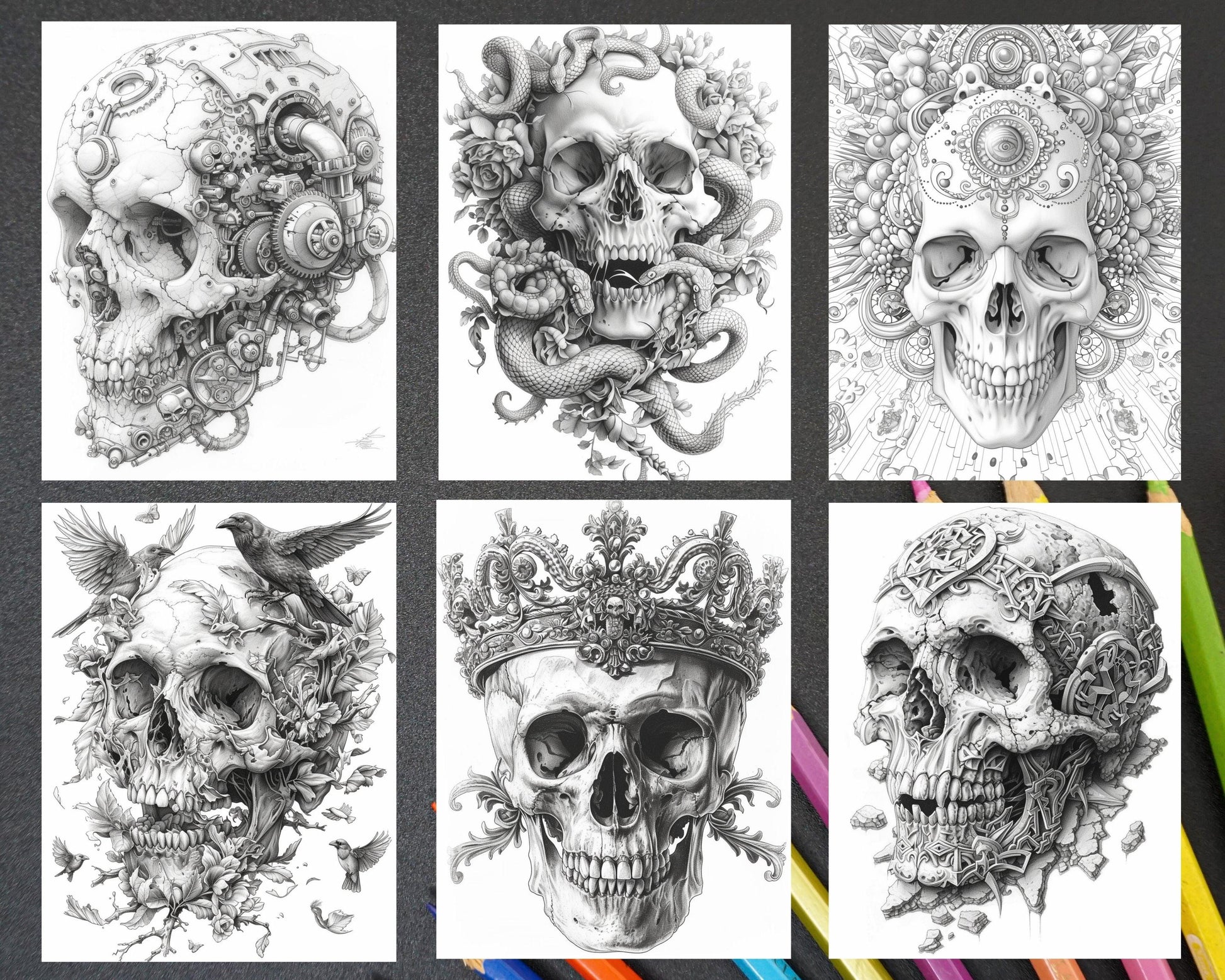 95 Skull Art Grayscale Adult Coloring Pages, Printable PDF Instant Download