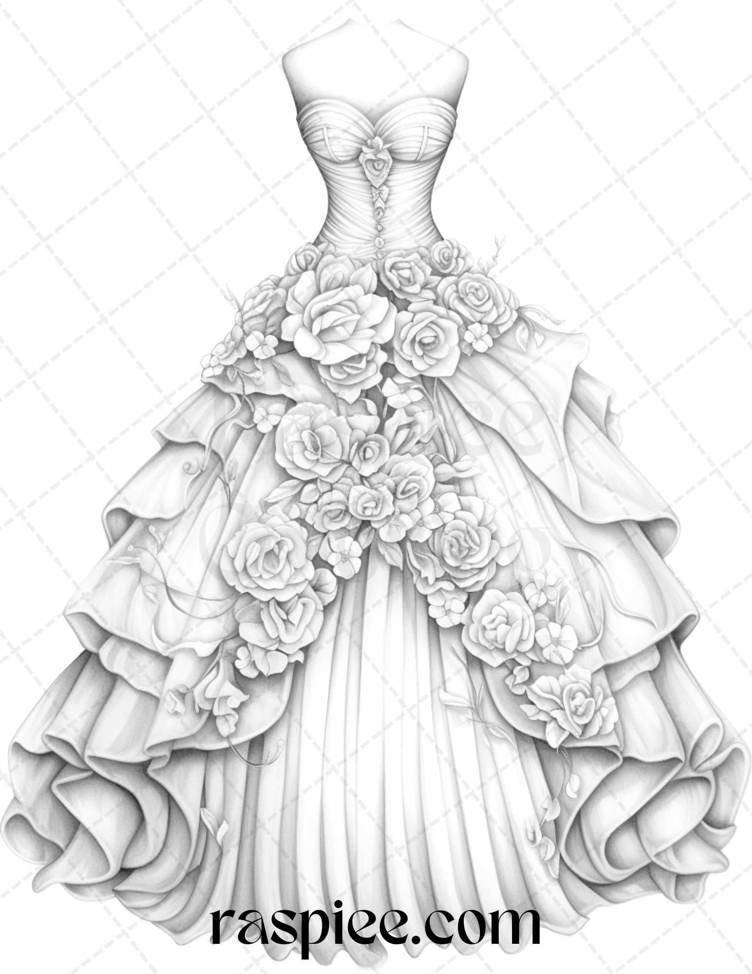 40 Elegant Floral Wedding Dresses Grayscale Coloring Pages Printable for Adults, PDF File Instant Download