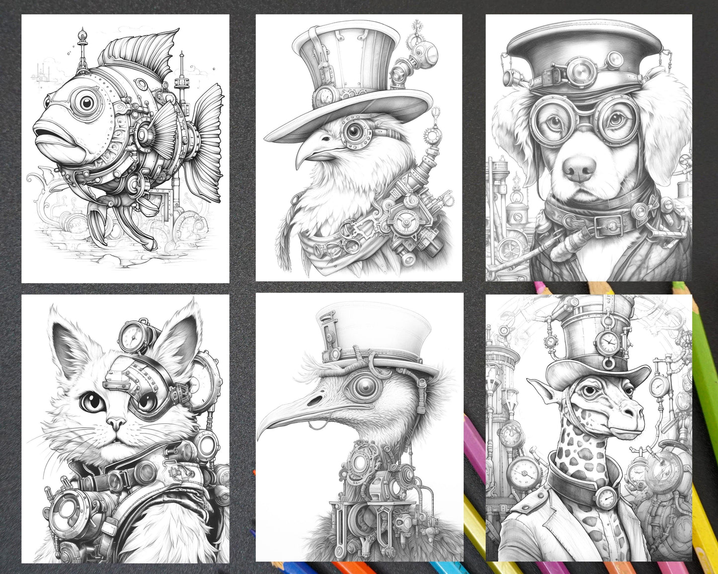 45 Steampunk Animals Grayscale Coloring Pages Printable for Adults Vol. 2, PDF File Instant Download