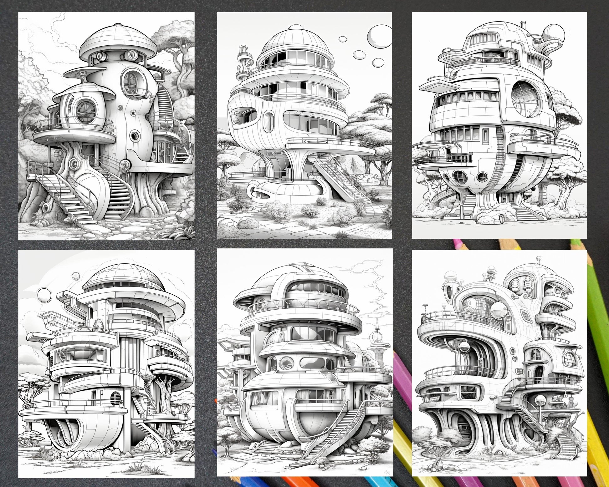 43 Futuristic Houses Grayscale Coloring Pages Printable for Adults, PDF File Instant Download