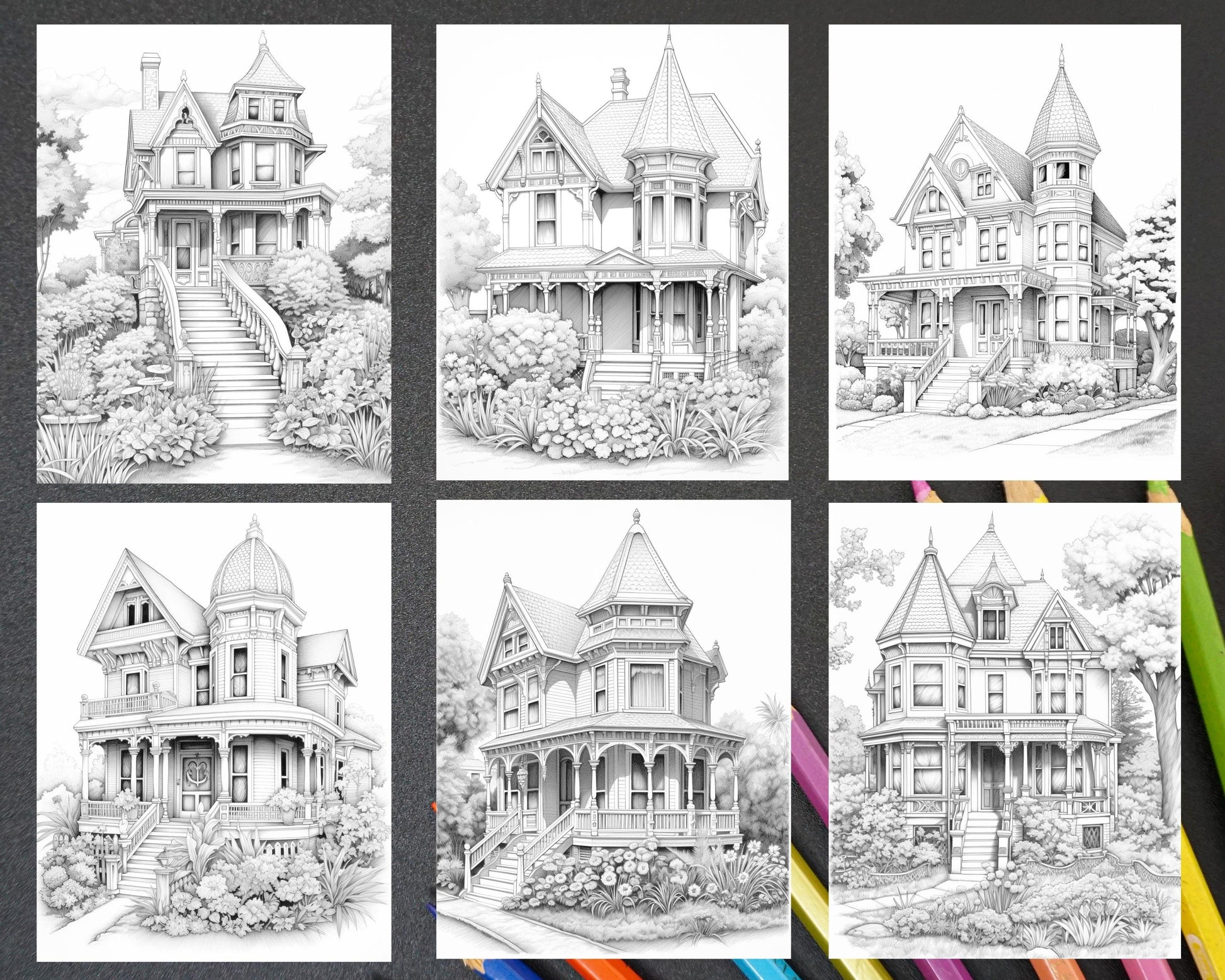 40 Victorian Houses Grayscale Coloring Pages Printable for Adults, PDF File Instant Download