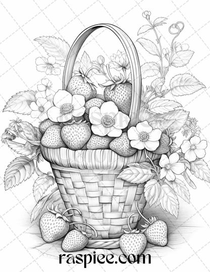 40 Fruit Basket Grayscale Coloring Pages Printable for Adults, PDF File Instant Download