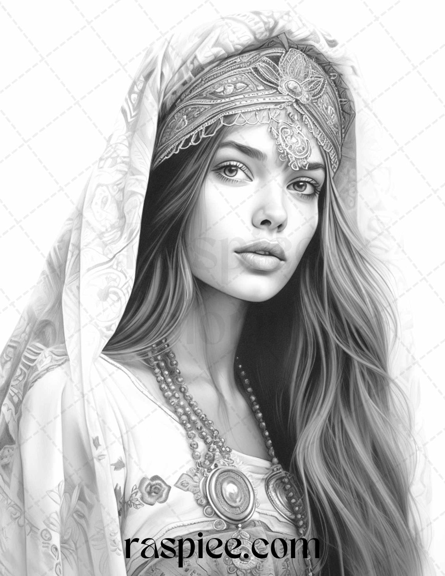 40 Beautiful Gypsy Girls Grayscale Coloring Pages Printable for Adults, PDF File Instant Download