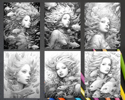 40 Enchanted Mermaid Grayscale Coloring Pages Printable for Adults, PDF File Instant Download