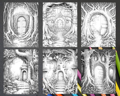 40 Magical Forest Gates Grayscale Coloring Pages Printable for Adults, PDF File Instant Download