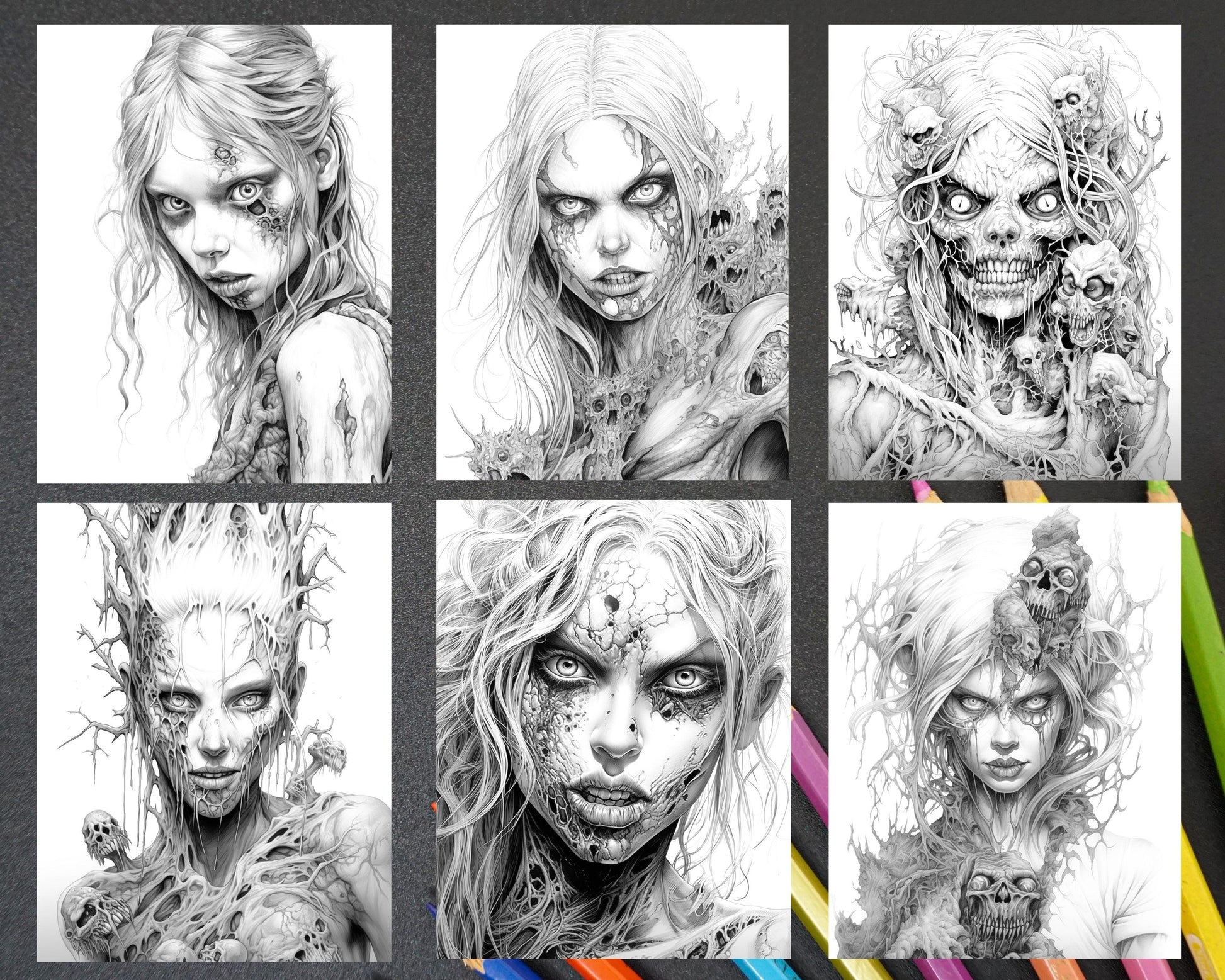 40 Scary Zombie Girls Grayscale Coloring Pages Printable for Adults, PDF File Instant Download