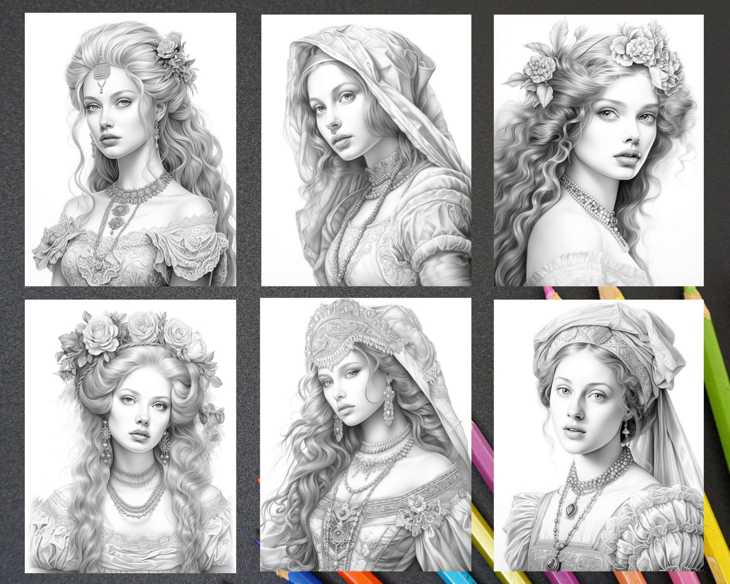 65 Renaissance Beauties Grayscale Coloring Pages for Adults, Printable PDF Instant Download