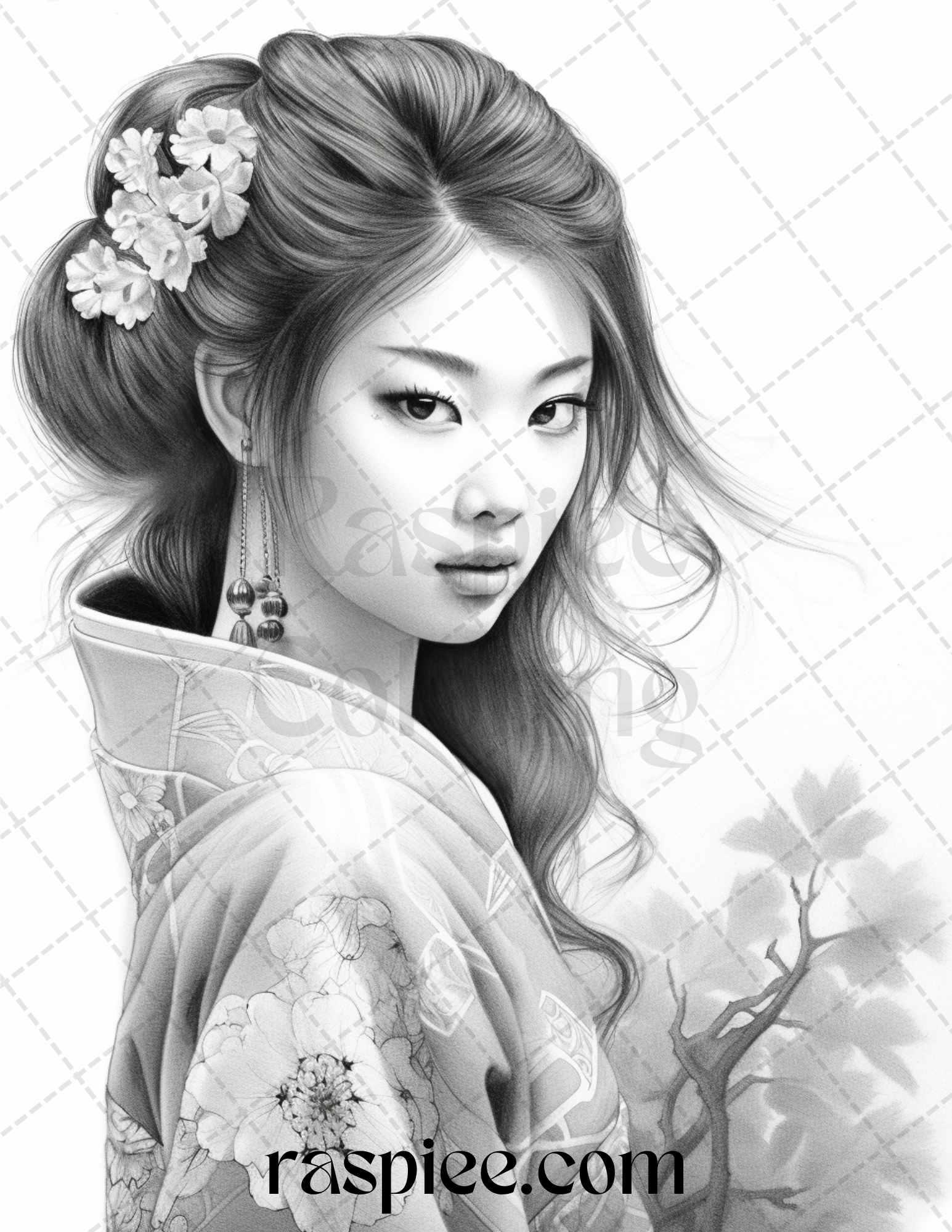 40 Beautiful Japanese Girls Grayscale Coloring Pages Printable for Adults, PDF File Instant Download