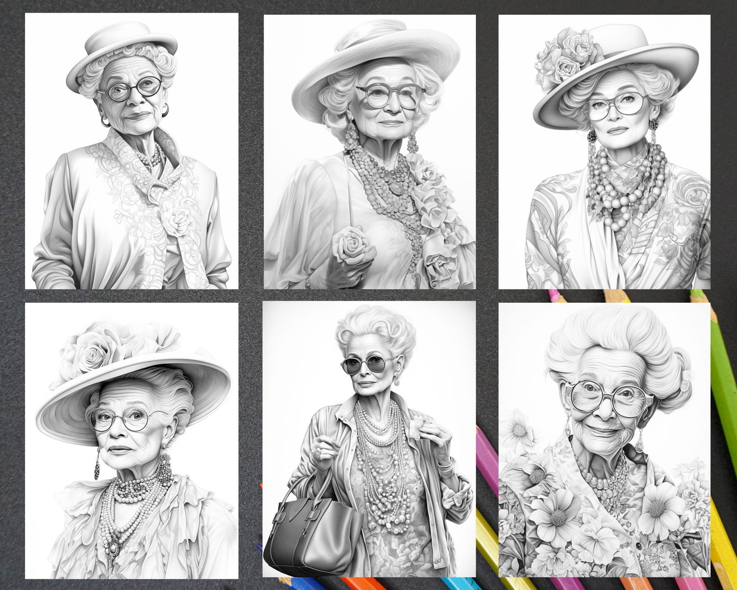 40 Fashionista Grandma Grayscale Coloring Pages Printable for Adults, PDF File Instant Download