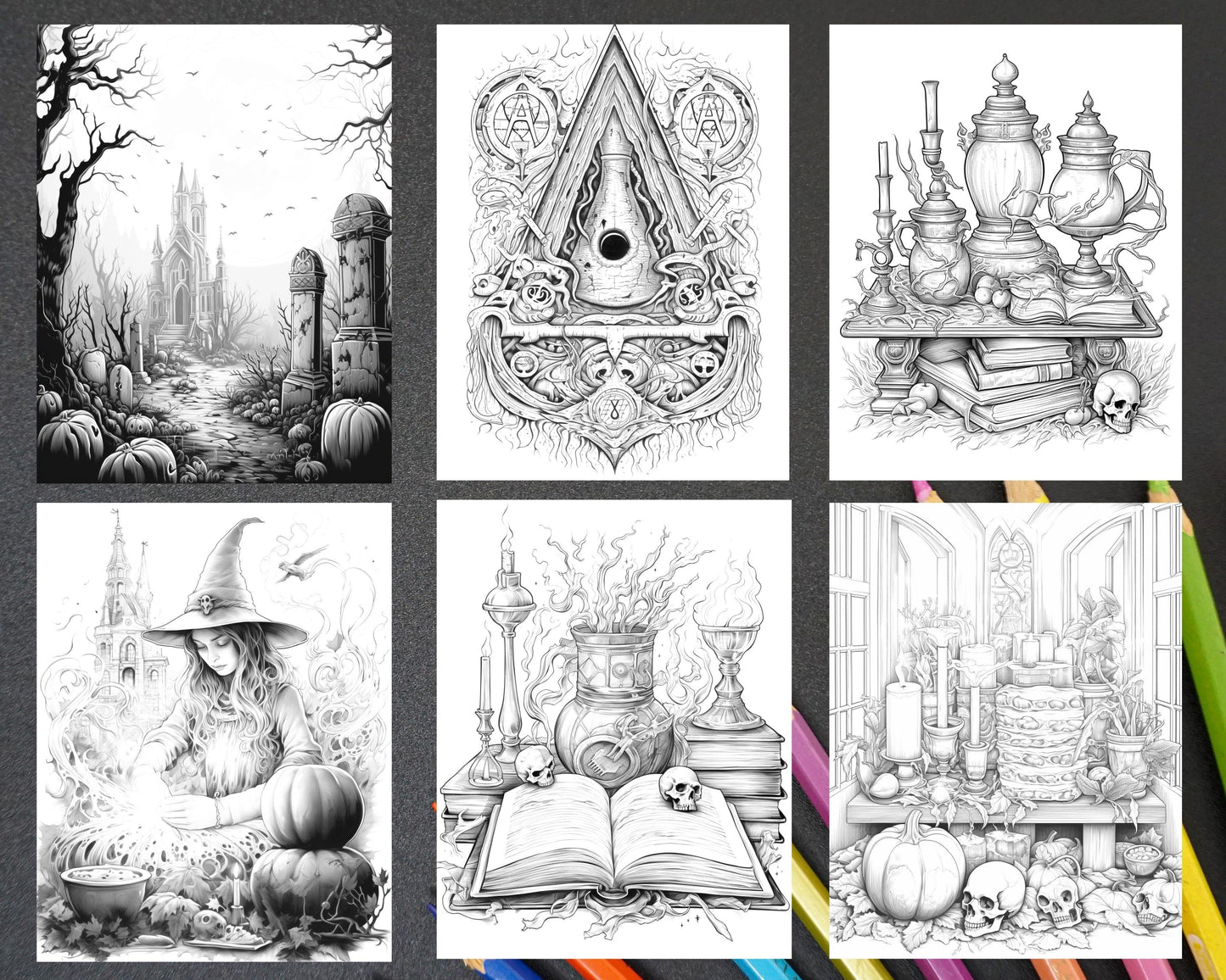 40 Witchy Wonders Grayscale Coloring Pages Printable for Adults, PDF File Instant Download