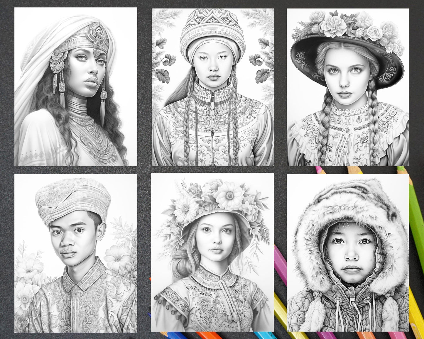 80 World Cultures Portraits Grayscale Adult Coloring Pages, Printable PDF Instant Download