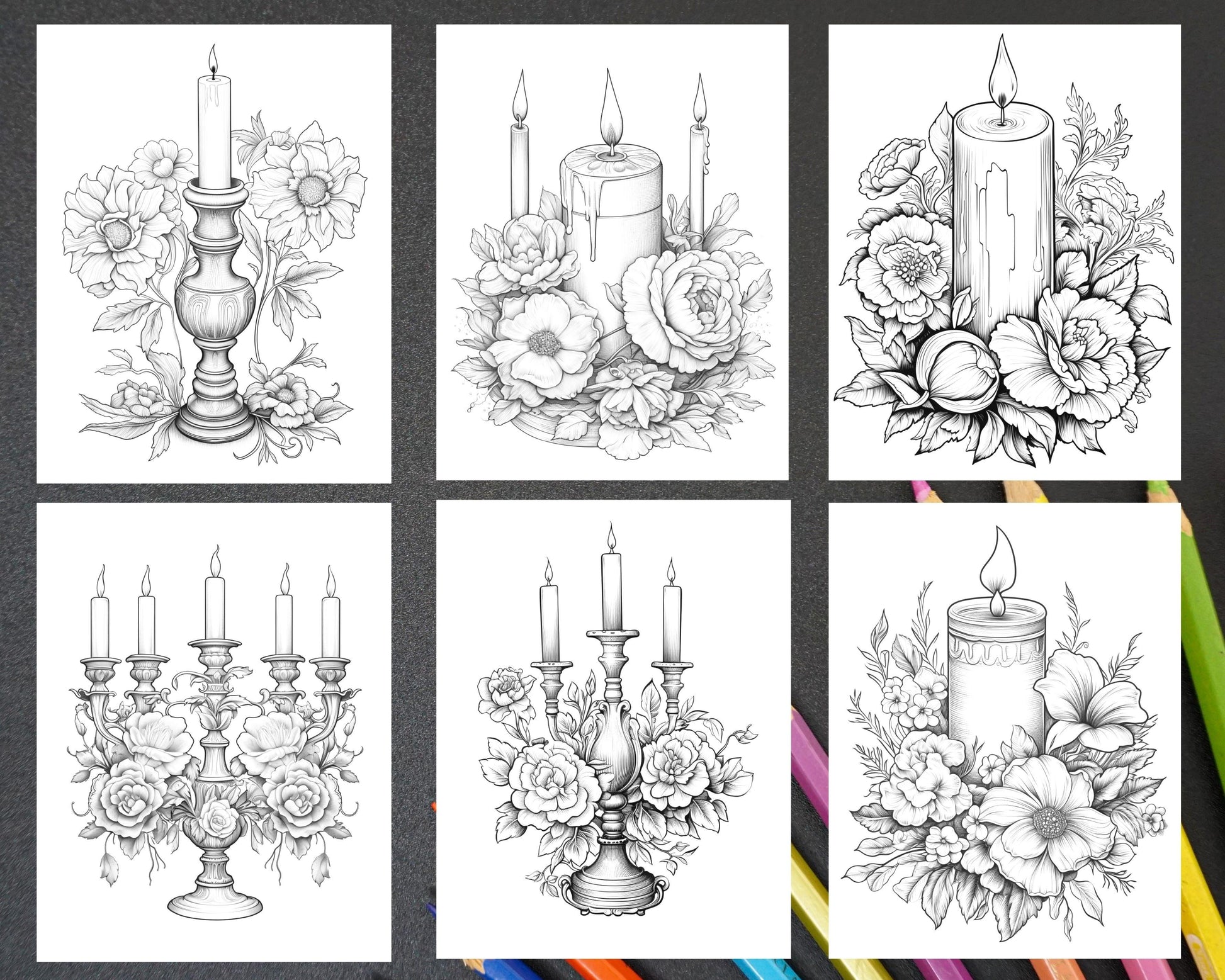 40 Flower Candles Grayscale Coloring Pages Printable for Adults, PDF File Instant Download