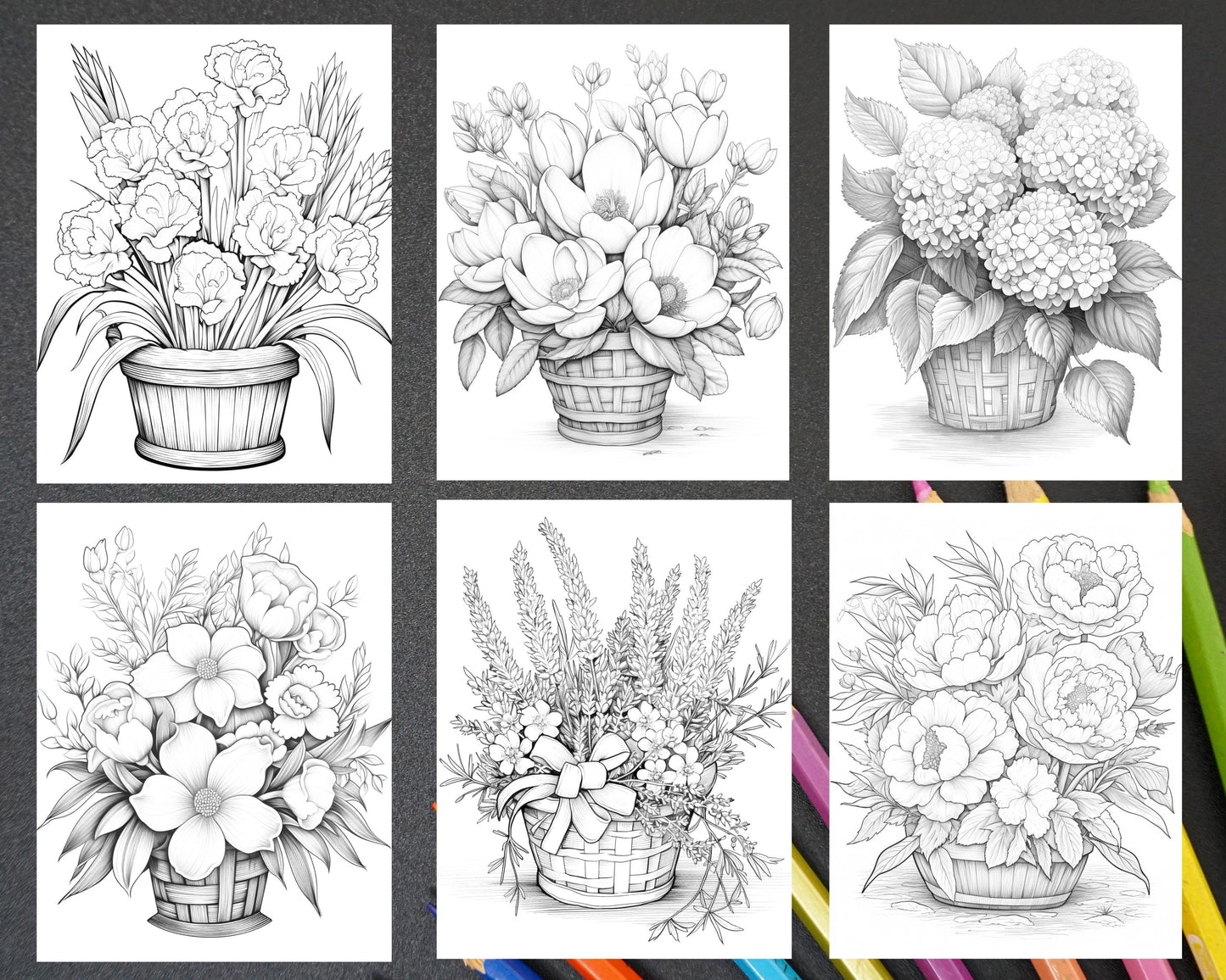 30 Flower Baskets Grayscale Coloring Pages for Adults, PDF File Instant Download