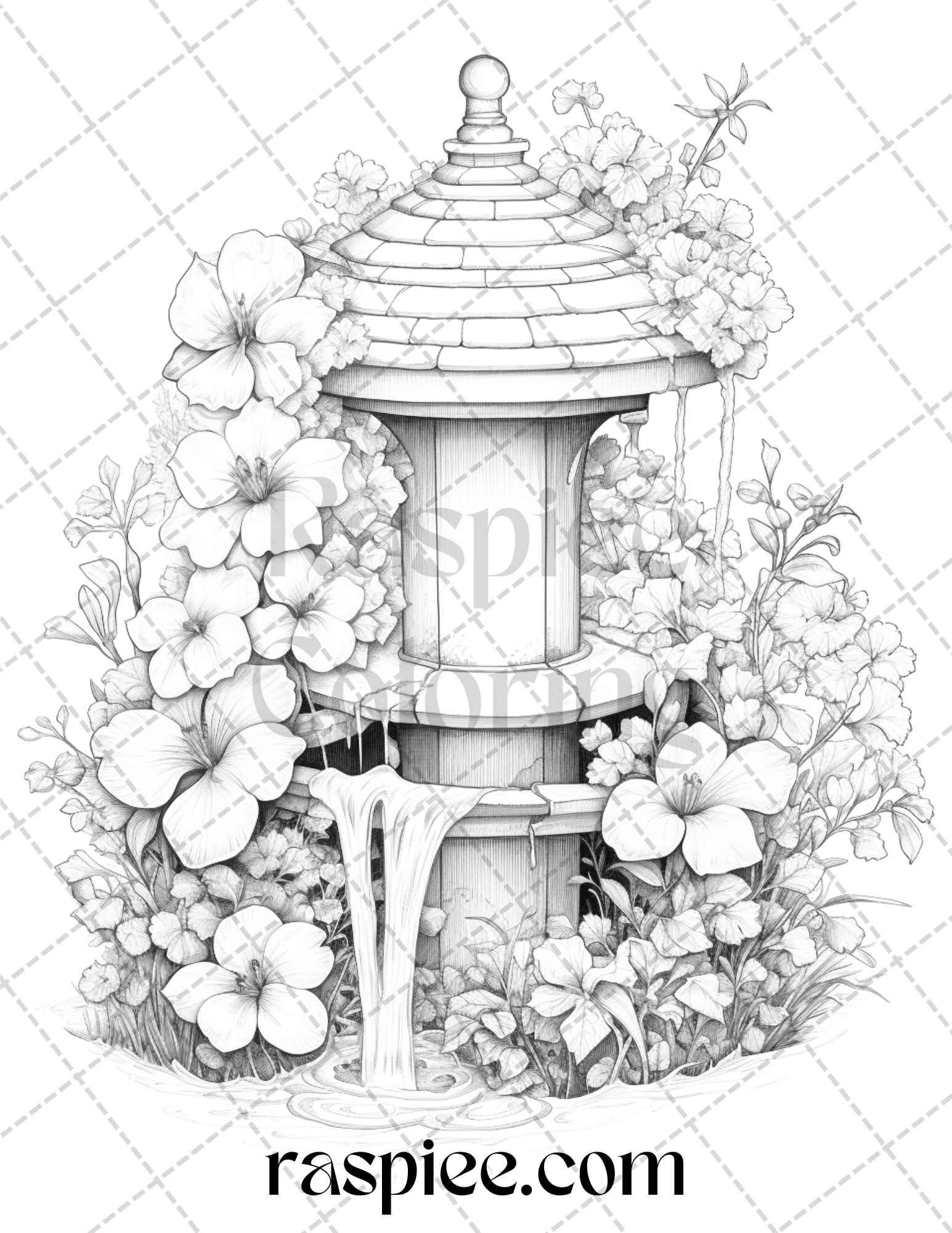 40 Whimsical Wishing Wells Grayscale Coloring Pages Printable for Adults, PDF File Instant Download