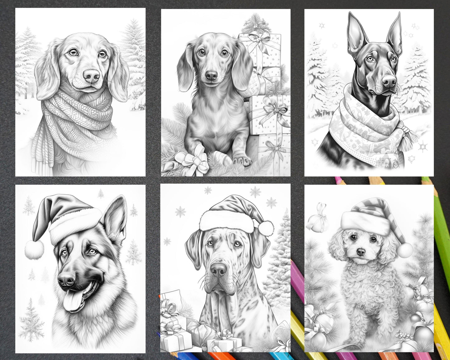 45 Christmas Dogs Grayscale Coloring Pages for Adults, Printable PDF Instant Download