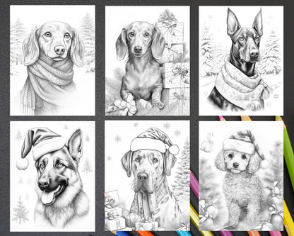 45 Christmas Dogs Grayscale Coloring Pages for Adults, Printable PDF Instant Download