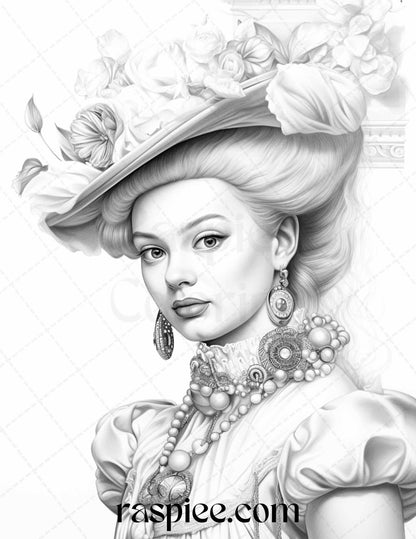 40 Baroque Women Portrait Grayscale Adult Coloring Pages Printable, PDF File Instant Download