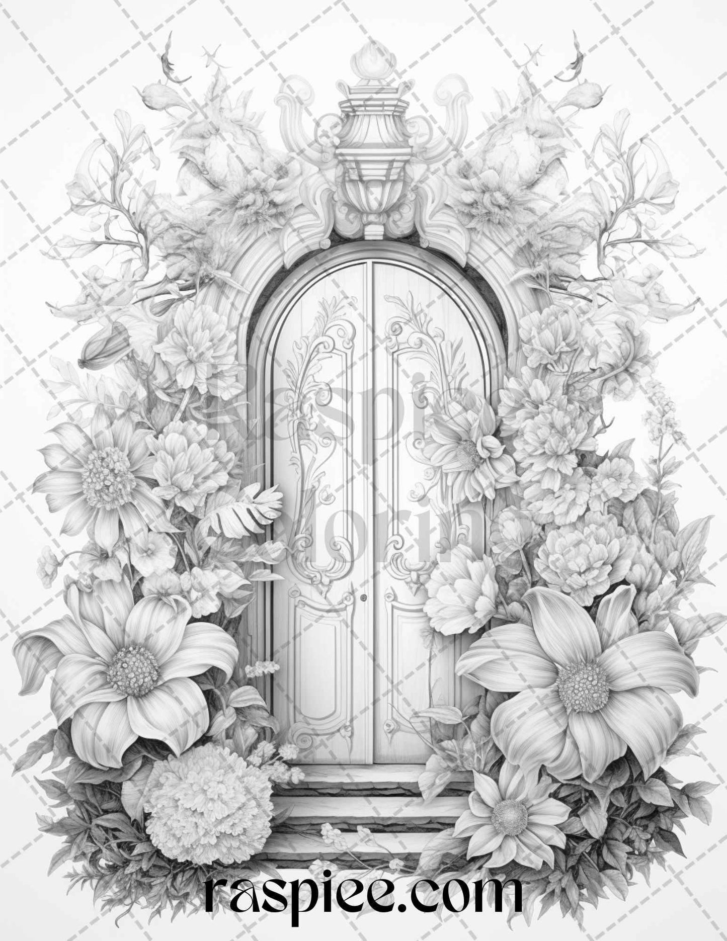 40 Flower Fairy Doors Grayscale Coloring Pages Printable for Adults, PDF File Instant Download