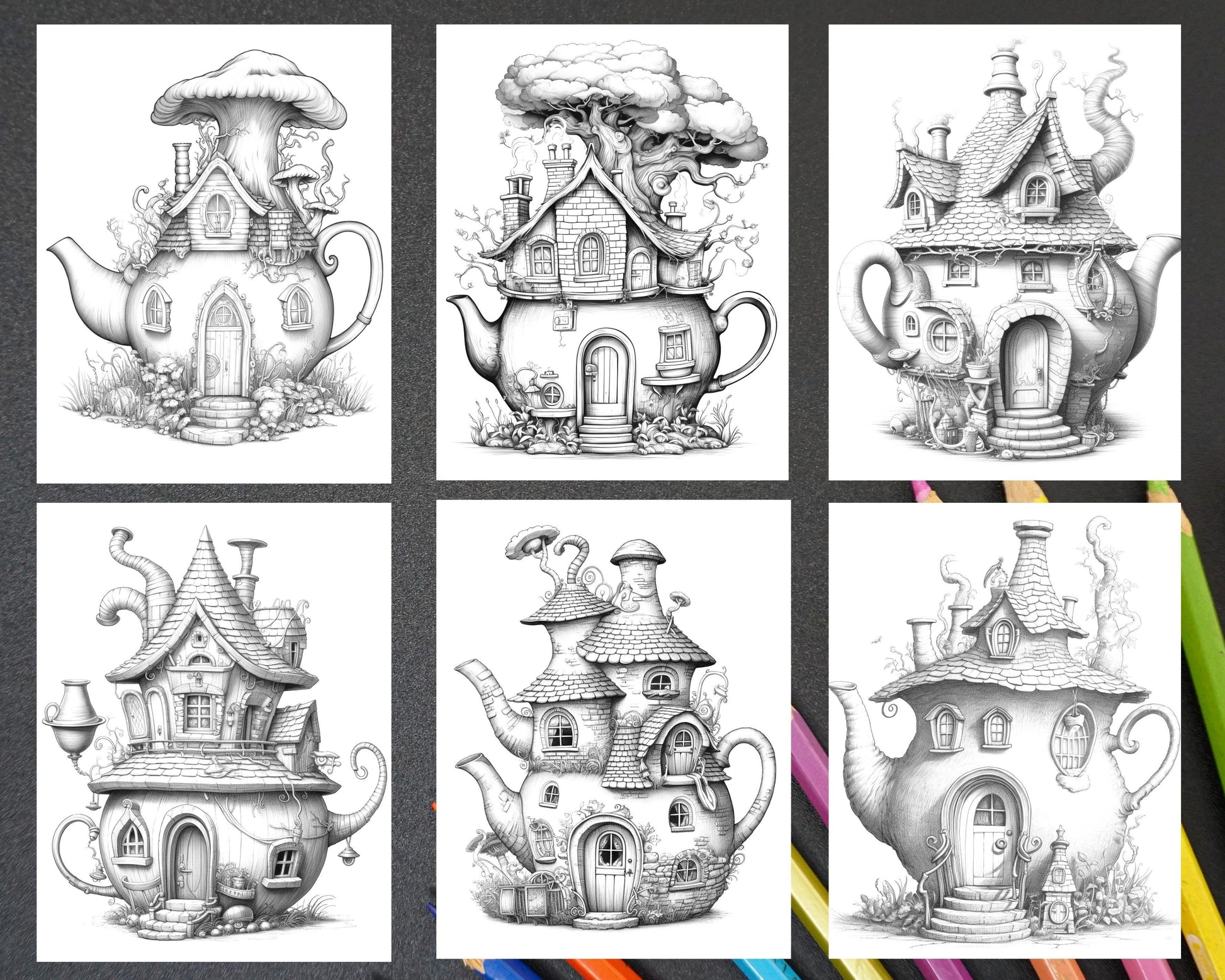 40 Teapot Fairy Houses Grayscale Coloring Pages Printable for Adults, PDF File Instant Download