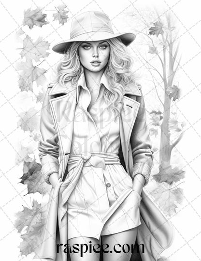 40 Fall Fashion Grayscale Coloring Pages for Adults, Printable PDF File Instant Download